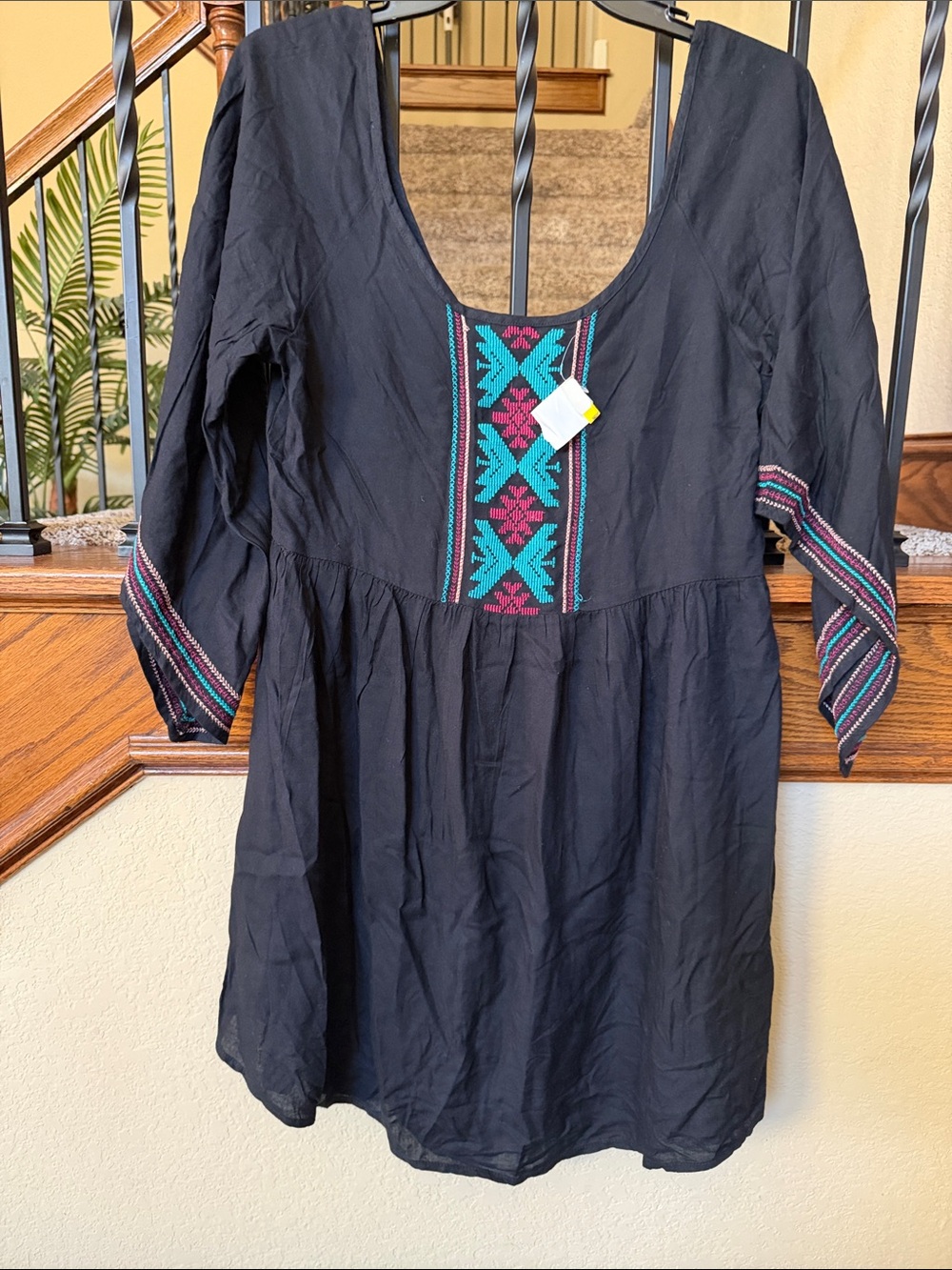 Black Embroidered Peasant Top with Teal & Magenta Accents